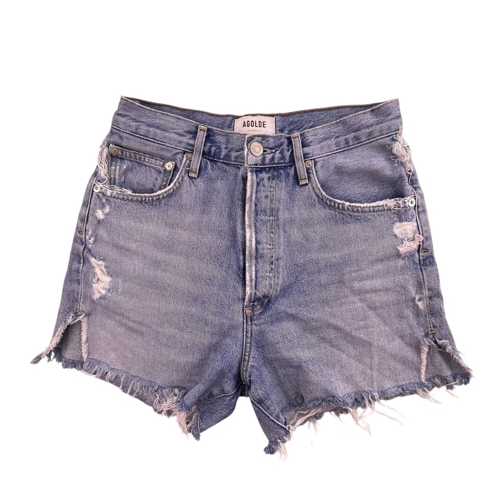 AGOLDE High Rise Distressed Denim Dee Shorts Light Wash Blue Size 26